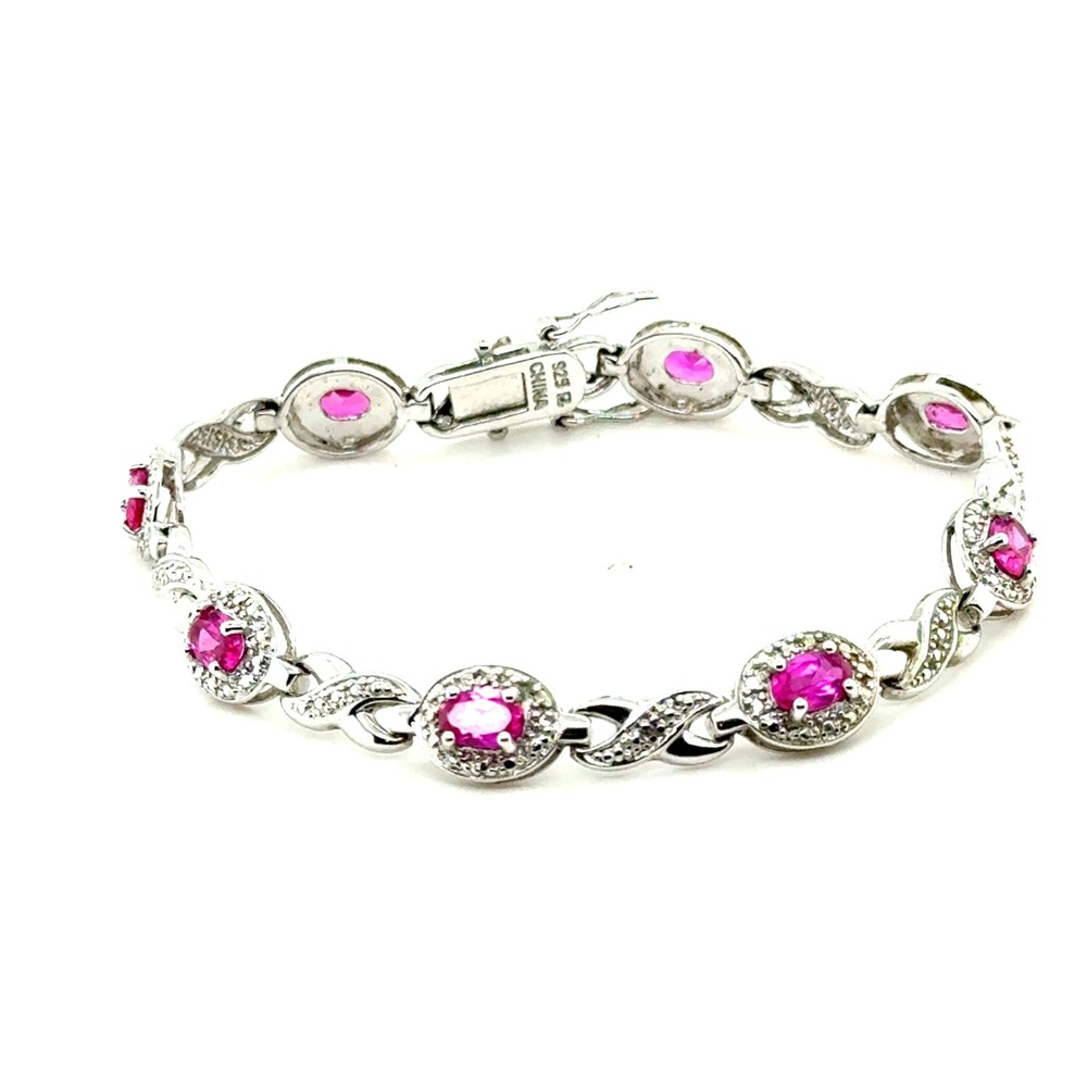 Sterling Silver 925 Pink Stone Infinity Link Bracelet 7.5 Inch